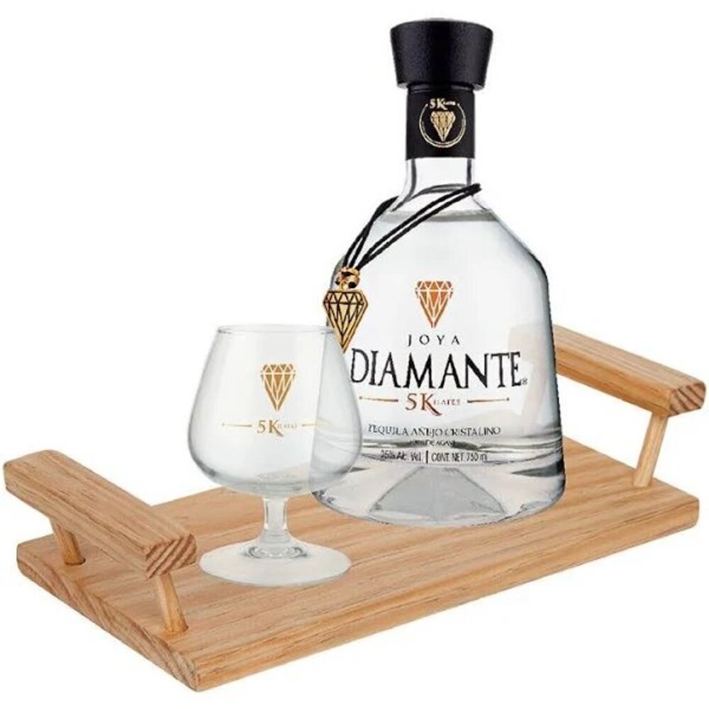 TEQUILA CRISTALINO AÑEJO 100 JOYA DIAMANTE 750ML +BASE DE MADERA+COPA