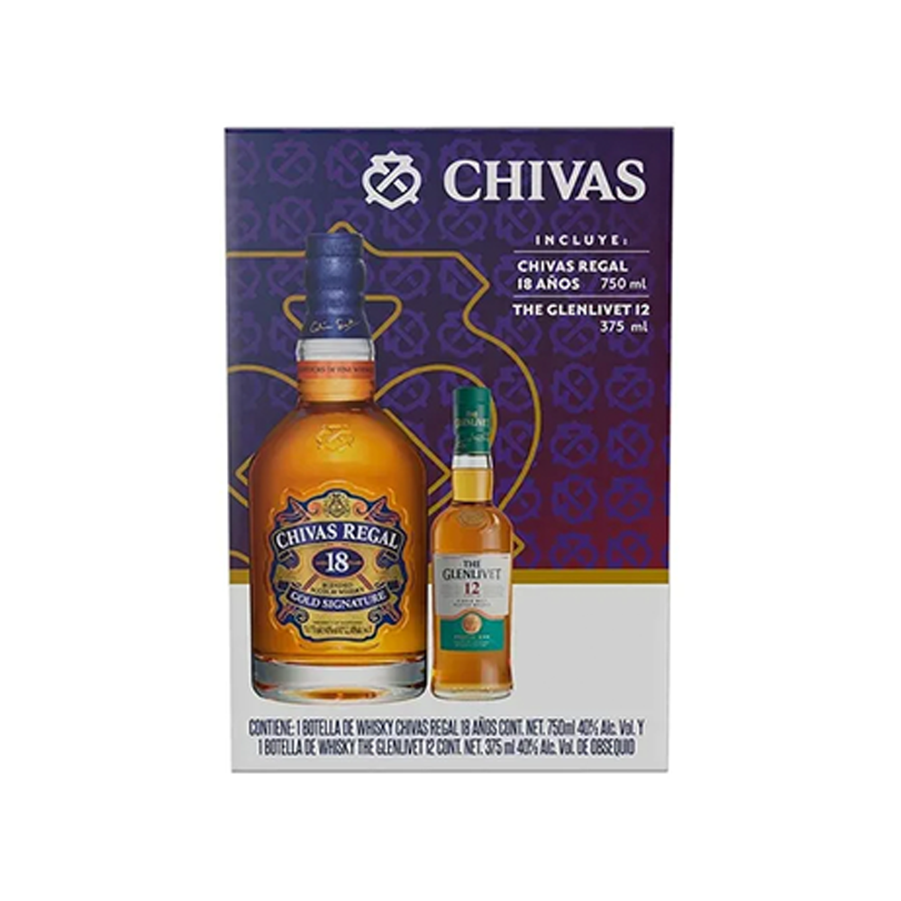 WHISKY CHIVAS REGAL 18 AÑOS 750ML + WHISKY THE GLENLIVET 12 AÑOS 375ML